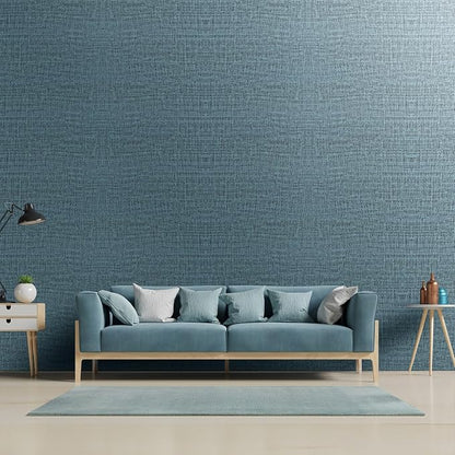 Yancorp 32.8ft Textured Fabric Teal Wallpaper Faux Grasscloth Blue Peel and - Image 2
