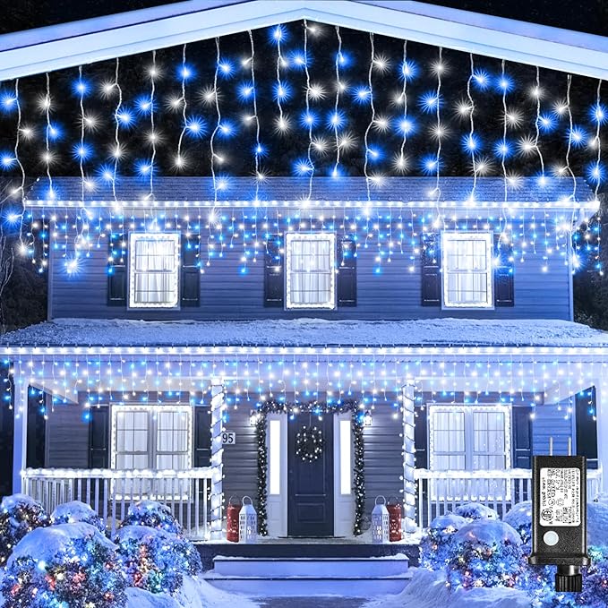 Icicle Lights for Outside, 33FT 400 LED Christmas Lights Outdoor with Waterproof 8 Modes, Plug in Connectable String Twinkle Light for Indoor Home Roof Window Garden Wedding Decorations, Blue White