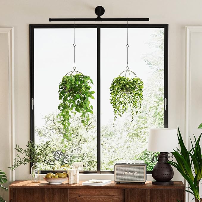 T-Shape Hanging Planters for Indoor Plants Plant Hanger Indoor Window Plant Shelves Hanging Plant Holder Black Metal Rod Ceiling Wall Mount(Pot & Plant Not Included)