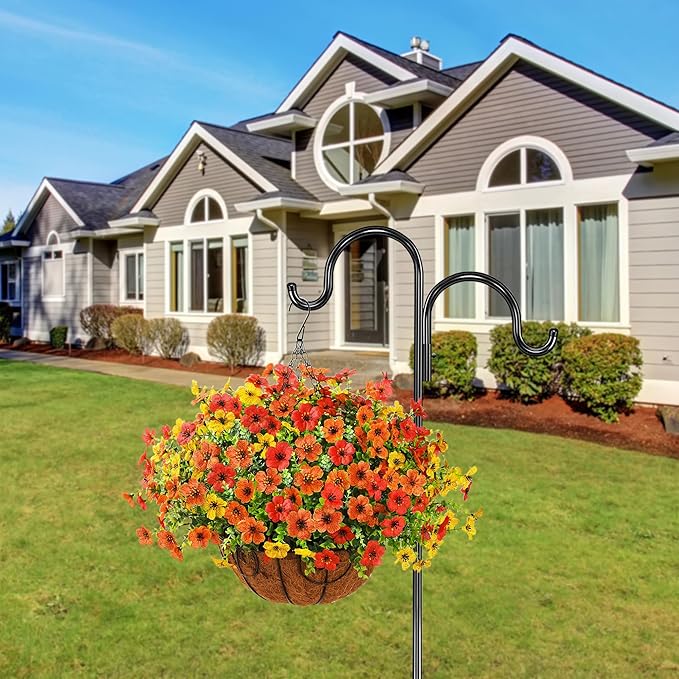 Artificial Faux Hanging Plants Flowers Basket for Spring Outdoor Decoration, Fake Silk Daisy in Planter Realistic UV Resistant Look Real for Porch Home Patio Balcony Yard(Red Orange Yellow)