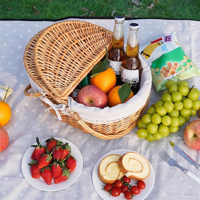 Happypicnic Wicker Picnic Basket with Handle, 15" Large Empty Picnic Basket with Lid & Removable Liner, Vintage Hand Woven Basket for Picnics, Camping, Veg Picking, Mother's Day, Thanksgiving (Solid)