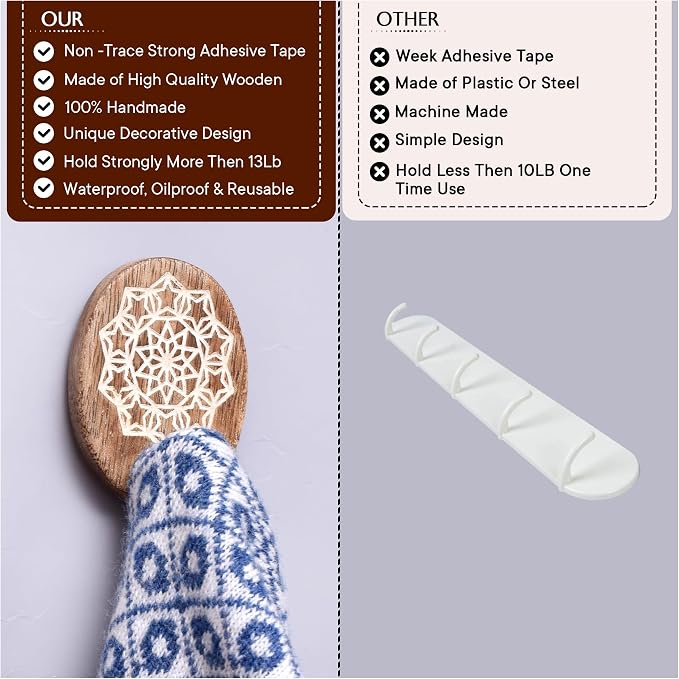 Indian Shelf 6 Lb- 3 Pieces Decorative Wood Adhesive Wall Hooks–Boho Peel and - Image 4
