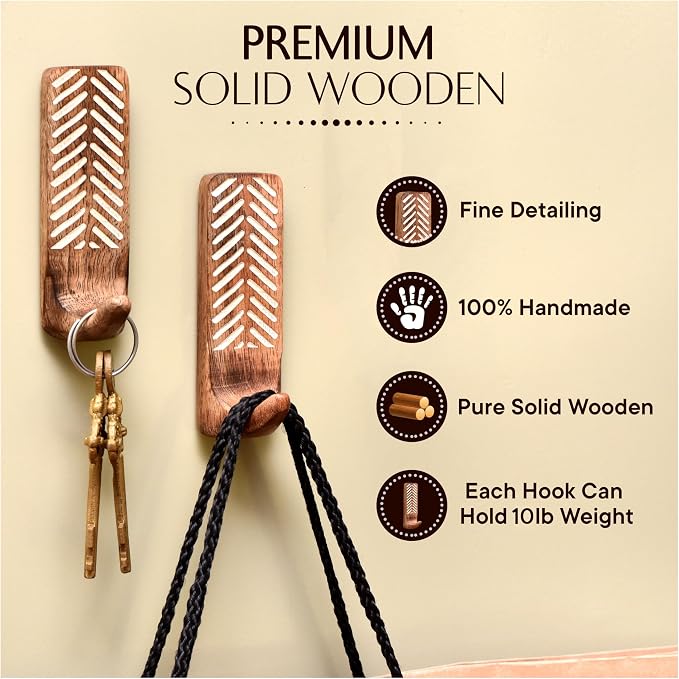 IndianShelf 10 LB- 12 Pieces Decorative Wood Adhesive Wall Hooks–Boho Peel and - Image 5