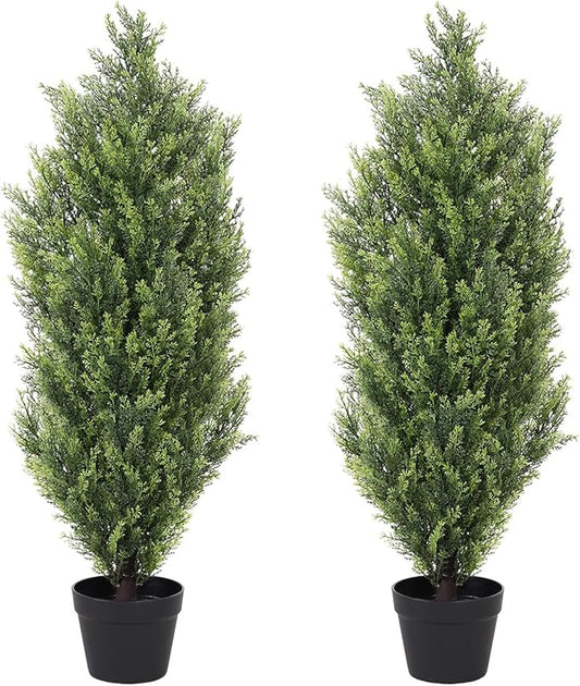 THE BLOOM TIMES 3ft Topiary Trees Artificial Outdoor 2 Pack – UV Resistant Faux Cedar Pine Cypress Bushes and Shrubs, Fake Potted Plants for Front Porch Outside Planter Patio Decor, Set of 2 (3 Foot)