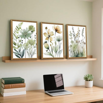 SYWENNOI Wood Framed Green Botanical Canvas Wall Art, Boho Floral Watercolor - Image 4
