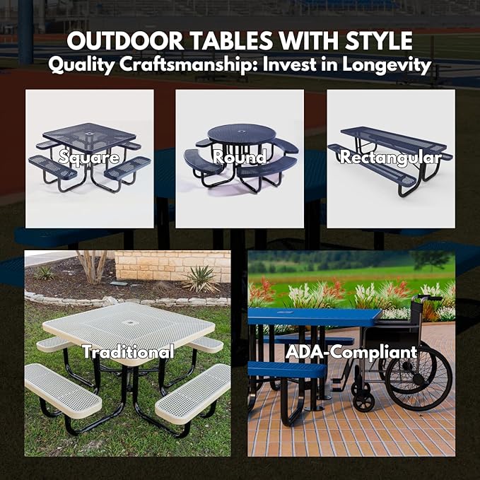 Heavy-Duty Portable Outdoor Picnic Table with Umbrella Hole, Punched Steel Commercial-Grade Patio Furniture Made in America (46" Round Top, Green with Green Frames)