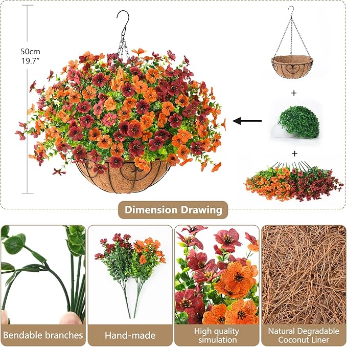 Artificial Fake Hanging Plants Flowers Basket, Faux Silk Daisy in Planter Realistic UV Resistant for Outside Home Patio Balcony Yard Spring Outdoor Decoration (Orange Brown)