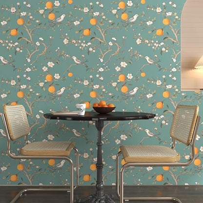 Green Floral Wallpaper Peel and Stick, Birds & Orange Fruits Contact Paper - Image 9
