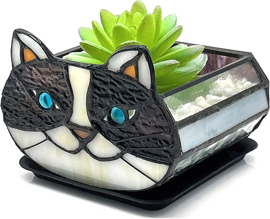 Cactus Black Cat Planter, Cute Small Stained Glass Cat Planter，Cat Terrarium Planter for Tabletop Houseplants，Gifts for Cat Lovers 4.33x3.54x2.95 in (Flower Pot Does not Include Plants)