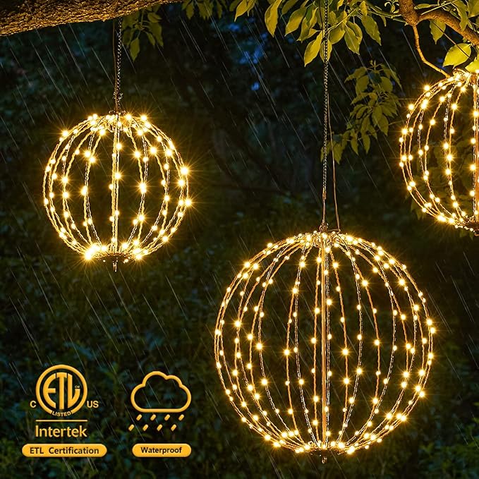 Hotelstar 96LED Foldable Light Sphere - 12IN Hanging, Pathway & Tree Light with Hook & Stake for Outdoor Garden, UL Listed, White Metal Frame, Warm White Light