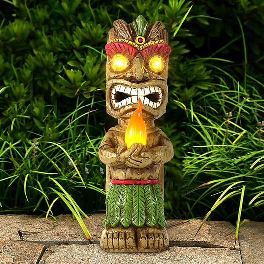 13" Tall Solar Torch Tiki Garden Statue, Resin Large Tiki Decor Figurine with Solar Lights, Hawaiian Tiki Man, Outdoor Patio Yard Lawn Bar Party Beach Pool Pond Decoration, Valentine's Day Gift