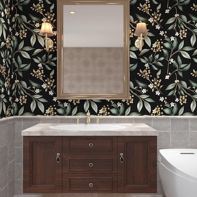 Black Green Floral Peel and Stick Wallpaper, 17.5" x 197" Vintage Dark Green - Image 5