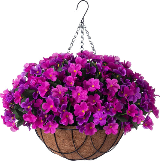 Artificial Hanging Flowers with 12" Basket Outdoor Spring Summer Decor, Fake Hydrangea UV Resistant Arrangements in Pot Planter Decor for Indoor Porch Garden Yard(Double Lotus)