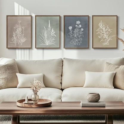 Framed Boho Botanical Wall Art for Living Room, 4 Piece Rustic Floral Canvas by Cuspin