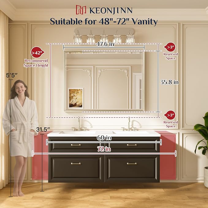 Keonjinn 48" x 36" Brushed Nickel Bathroom Vanity Mirror, Decorative Aluminum - Image 2