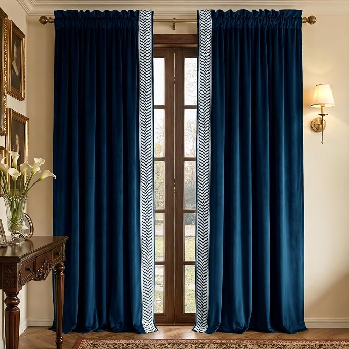 NICETOWN Rod Pocket Embroidered Trim Velvet Curtains, 2 Panels, Elegant Window - Image 8