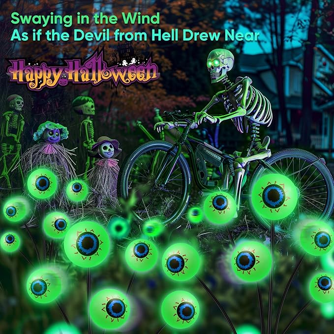 Halloween Solar Lights Outdoor: 4 Pack Upgraded 24 LED Scary Eyeball Lights for Garden Yard Lawn Pathway Landscape Decor, Green Outside Decorations