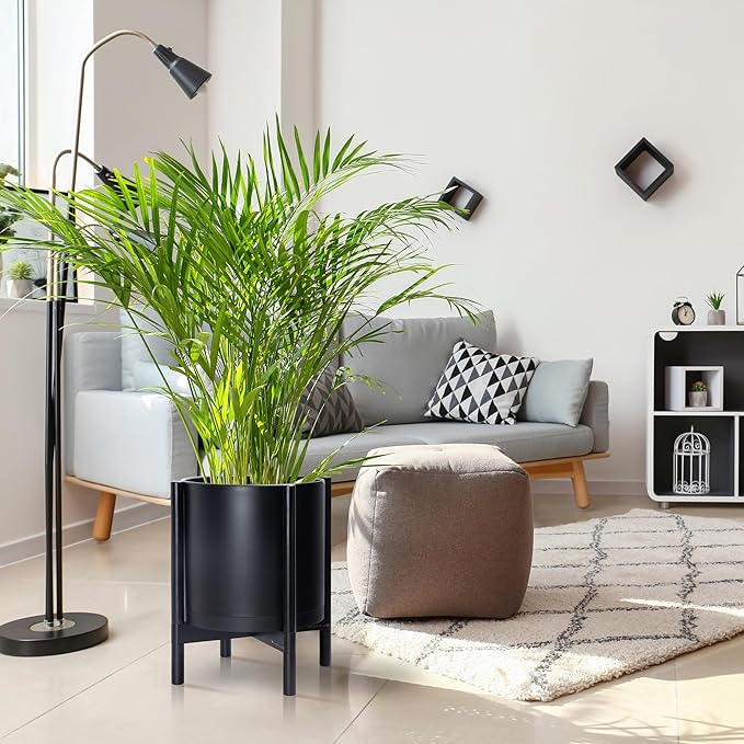 D'vine Dev Planter Pot with Stand - 14 Inch Plastic Cylinder Flower Pot with Wood Planter Holder for Indoor, Matte Black Pot + Ebony Stand, 55-C-T-2