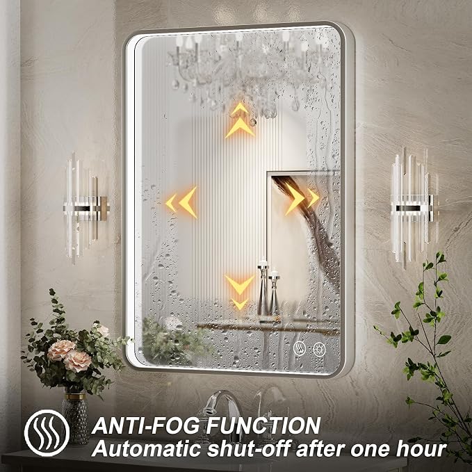 LED Bathroom Mirror with Lights, 20x28 Inch Brushed Silver Framed Lighted - Image 4