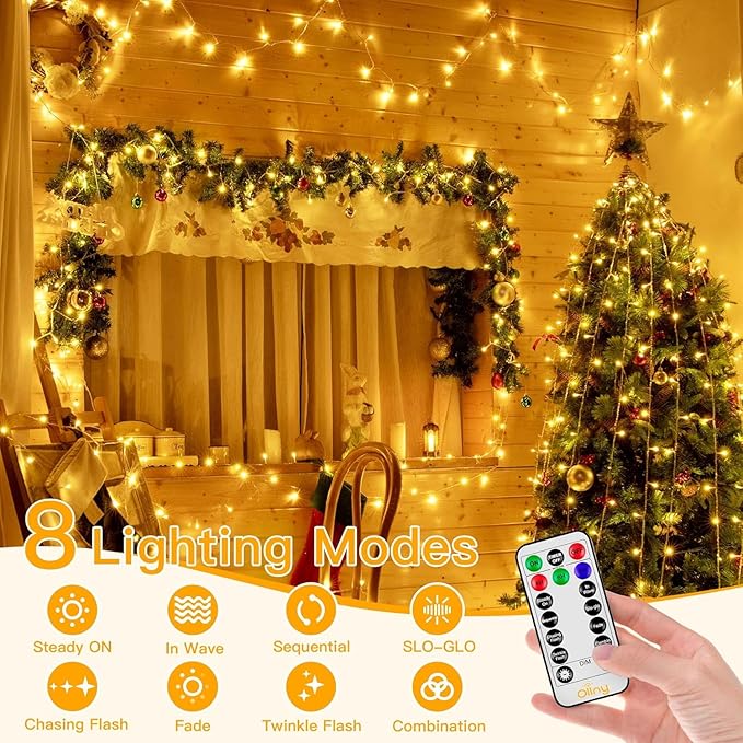 Ollny Christmas Lights Outdoor Waterproof, 1000LED 328FT Super Long String Lights with Remote 3 Timer, Plug in 8 Modes Fairy Light for Outside House Bedroom Xmas Decorations, Warm White