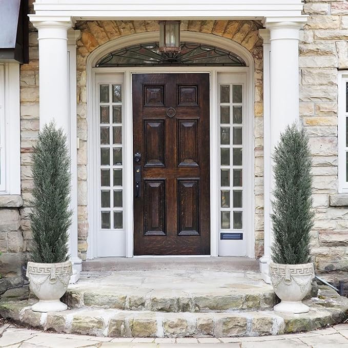 THE BLOOM TIMES 6ft Tall Topiary Trees Artificial Outdoor – UV Resistant Faux Cedar Pine Cypress Bushes and Shrubs, Fake Potted Plants for Front Porch Outside Planter Patio Decor, Set of 2 (6 Foot)