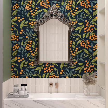 BOKEBEVE Dark Blue Wallpaper Peel and Stick Boho Leaf Contact Paper Floral Wall - Image 6