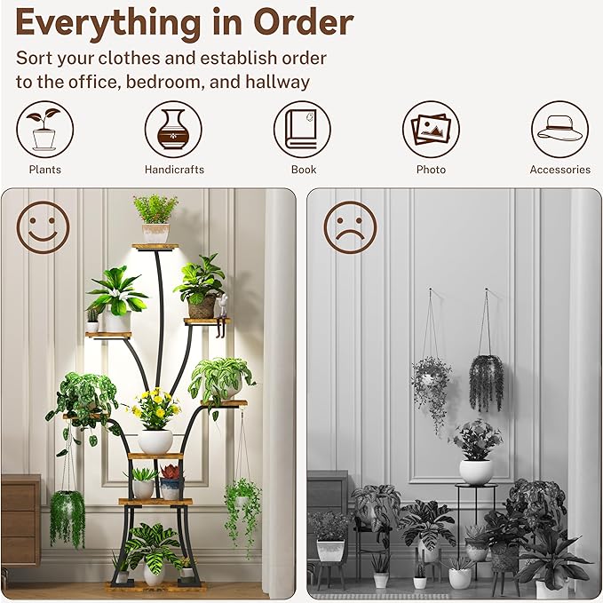 64" Tall 8 Tiered Plant Stand Indoor with Grow lights Large Tree Shape Decorative Rack Plant Pot Holder Gardening for Living Room Corner Black