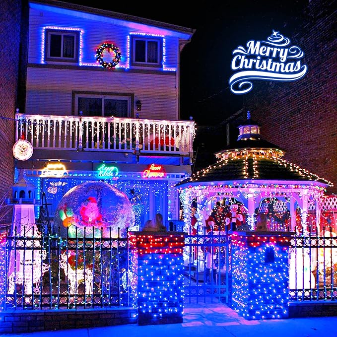 2 Pack Blue Solar Christmas Lights Outdoor Waterproof, Each 42.7 ft 100 LED Solar Powered String Lights, 8 Modes Solar Twinkle Lights for Garden Yard Patio Tree Porch Christmas Decorations