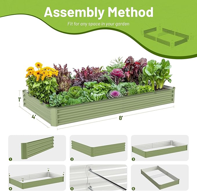 2PCS 8x4x1ft Galvanized Raised Garden Bed-Outdoor Galvanized Planter Box for Vegetables, Fruits,Herbs, Flowers, Metal Raised Garden Bed kit-Green