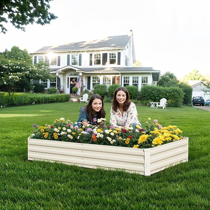 Raised Garden Bed Outdoor, 8x4x1ft Garden Box, Beige Garden bed, Metal Raised Garden Bed for Gardening Vegetables Flowers, Planter Box, Raised Bed