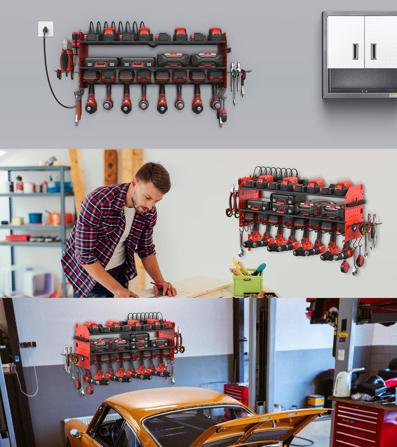 JUNNUJ Large Pegboard Power Tool Organizer with Charging Station, 8 Drills Driver and Tools Battery Holder Wall Mount with 8 Outlet Power Strip, Red 3-Layer Shop Garage Storage Utility Rack