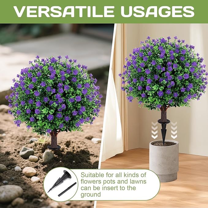 Artificial Purple flower Topiary Ball Tree 25" with Ground Spike, Set of 2 Artificial Boxwood Bushes for Faux Shrubs, Fake Evergreen Faux Plant for Indoor Outdoor Garden -UV Resistant–Fade-Proof