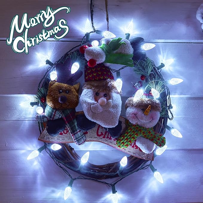 C6 LED Christmas String Lights, 20 ft 60 LED Battery Operated Faceted Strawberry Lights, Waterproof for House Roof Roofline Christmas Tree, White, 2 Pack