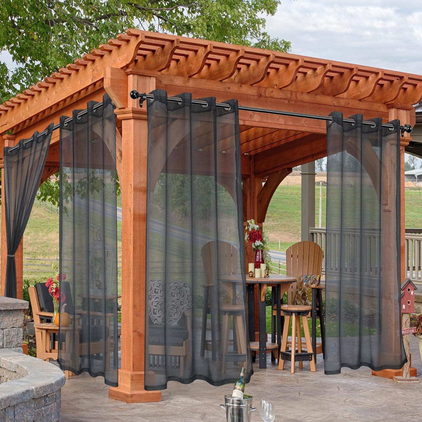 HolidayIdeas Outdoor Sheer Curtains for Patio Waterproof, 4 Panels - 54 x 108 Inch - Grey Light Filtering Voile Outside Curtains Grommet Drapes for Front Porch, Gazebo, Pergola, Backyard