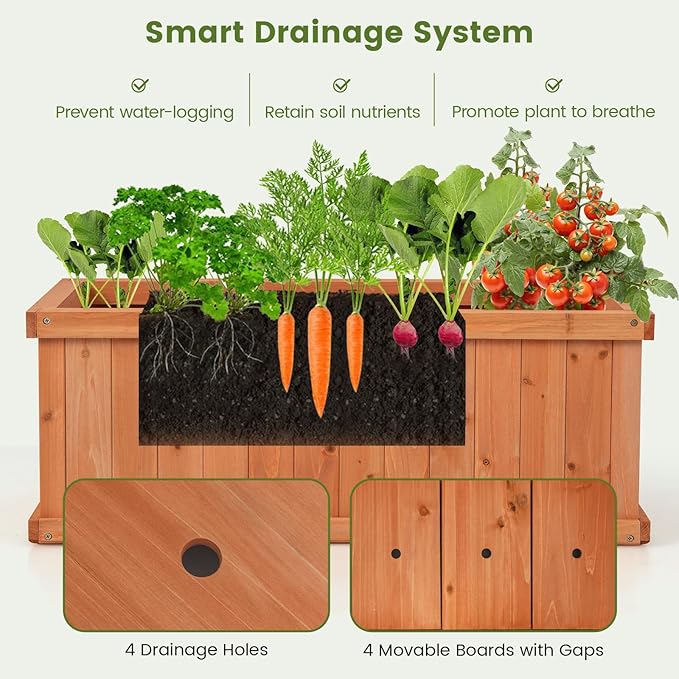 HAPPYGRILL Raised Garden Bed, Outdoor Elevated Flower Box w/ 4 Drainage Holes & Detachable Bottom Panels, Wood Planter Box for Vegetables Flowers Herbs & Fruits Growing, 31” x 14” x 12”