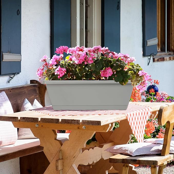 12Pcs 17Inches Rectangle Planter Box with Drainage Holes and Trays Plastic Planters Flower Boxes Pots for Indoor Outdoor Plants Patio Garden Home Decor Porch Yard (Black)