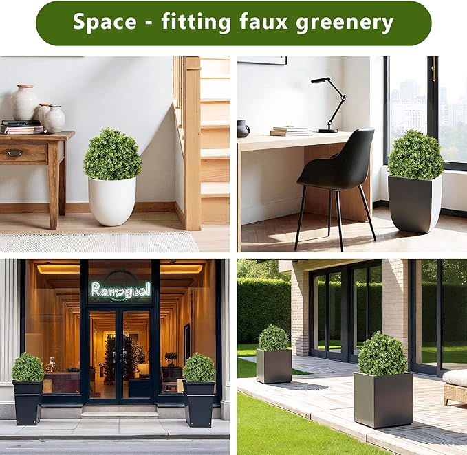 THE BLOOM TIMES 2ft Faux Boxwood Plants Outdoor Set of 2, Topiary Balls Artificial Outside Trees, 24" UV Resistant Fake Greenery Bushes & Shrubs for Front Porch Planter