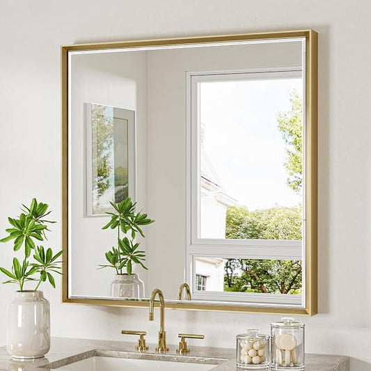 Gold Bathroom Mirror 36x36 Inch Square Beveled Bathroom Vanity Mirror Brushed by QUEENFUN