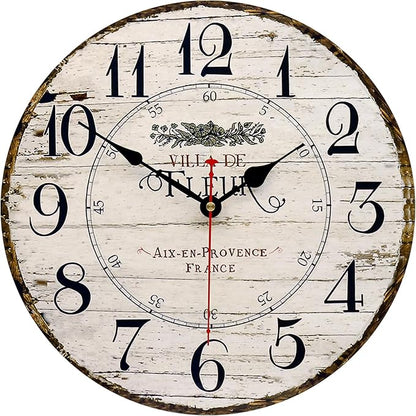 14 Inch Retro Vintage French Country Style Round Wooden Wall Clock Silent by Toudorp