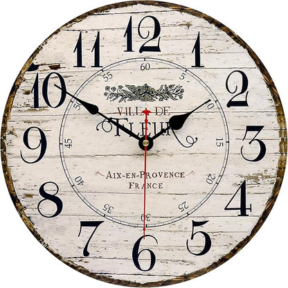 14 Inch Retro Vintage French Country Style Round Wooden Wall Clock Silent by Toudorp