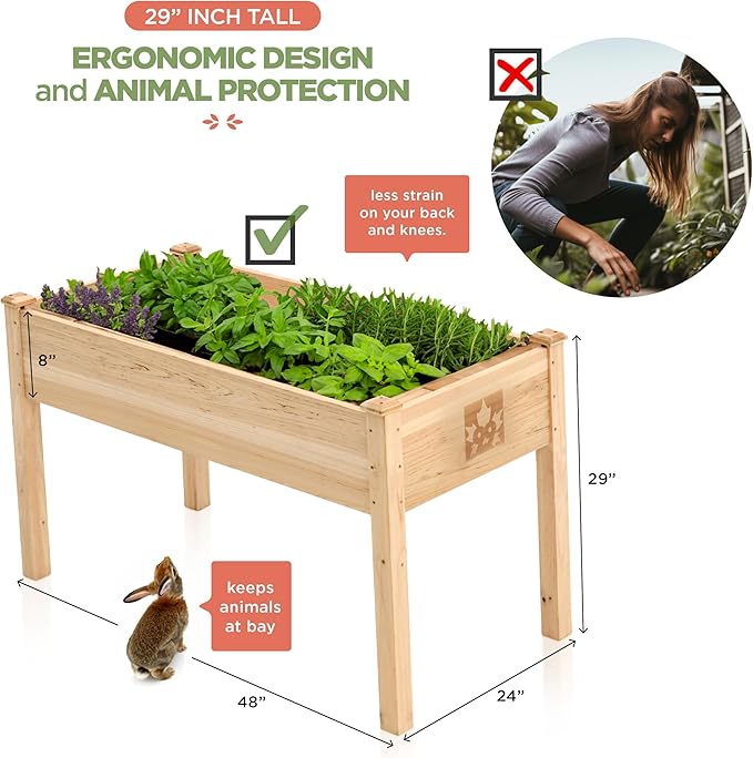 Raised Garden Bed with Legs 48x24x30 - Natural Cedar Wood Elevated Planter Box with Bed Liner for Flowers, Veggies, Herbs - 200lb Capacity