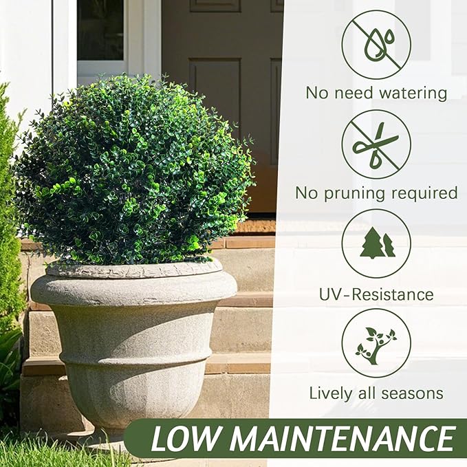 Yunlly 6 Pcs 18 Inch Artificial Boxwood Ball Topiary Tree Fake Outdoor Plants Bush, UV Resistance Faux Shrubs with Spike Realistic Greenery Potted for Indoor Garden Yard Porch Patio Decor (Dark Green)
