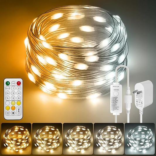 HOUHUI Fairy Lights Plug in Outdoor, 100Ft 2700K-6500K White Christmas Fairy Light IP67 Waterproof with Remote, 8 Modes, Warm-Cool White LED Fairy Twinkle Lights for Bedroom Garden Trees Party Decor