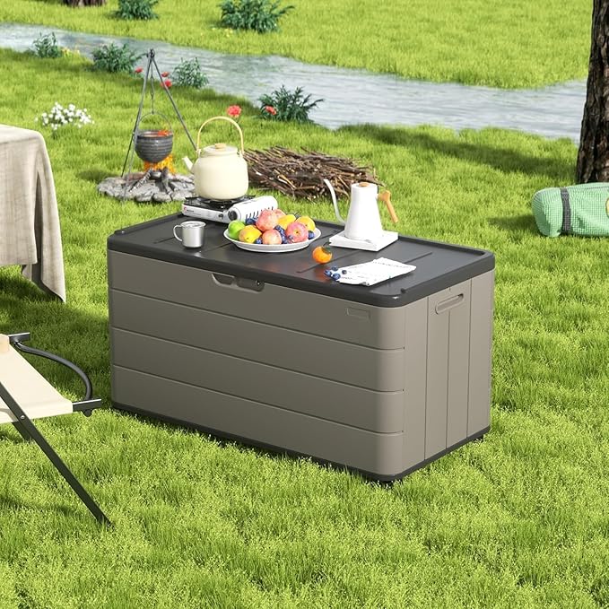 100GAL Brown Wicker-Textured Deck Box with Wheels – Lockable, Waterproof, UV-Resistant, Spacious Storage for Patio & Garden Supplies, Easy Handling