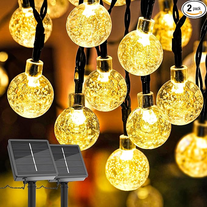 2 Pack Solar Lights Outdoor Waterproof, Total 72ft 120 LEDs Crystal Globes with 8 Modes, Solar Light Strings for Outside, Patio Porch Garden Yard Wedding Party Decor (Warm White)