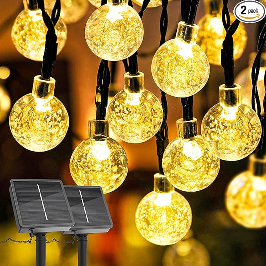 2 Pack Solar Lights Outdoor Waterproof, Total 72ft 120 LEDs Crystal Globes with 8 Modes, Solar Light Strings for Outside, Patio Porch Garden Yard Wedding Party Decor (Warm White)