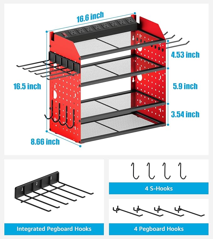 CCCEI Modular Desk Power Tools Organizer with Charging Station, 4 Layer Drills Battery Storage Wall Mount, Garage Shop Organization, Anniversary, Birthday, Gifts for Men, Father, Red, 10FT Cord.