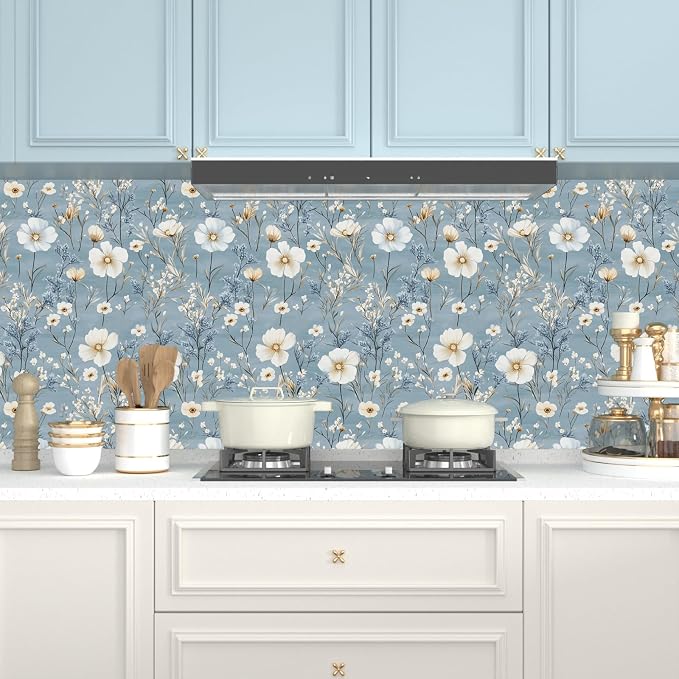 Laatse Blue Floral Peel and Stick Wallpaper White Botanical Contact Paper - Image 3