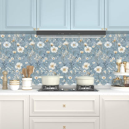 Laatse Blue Floral Peel and Stick Wallpaper White Botanical Contact Paper - Image 3