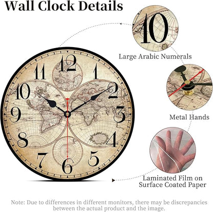 14 Inch Wooden Wall Clock Globe World Map Retro Vintage Rustic Wall Clocks - Image 3